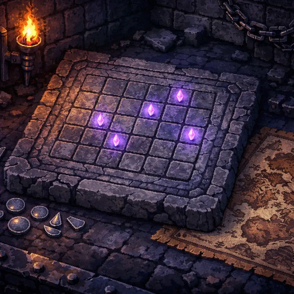 Pixel-artowy kamienny kalendarz w ruinach z delikatnym fioletowym blaskiem