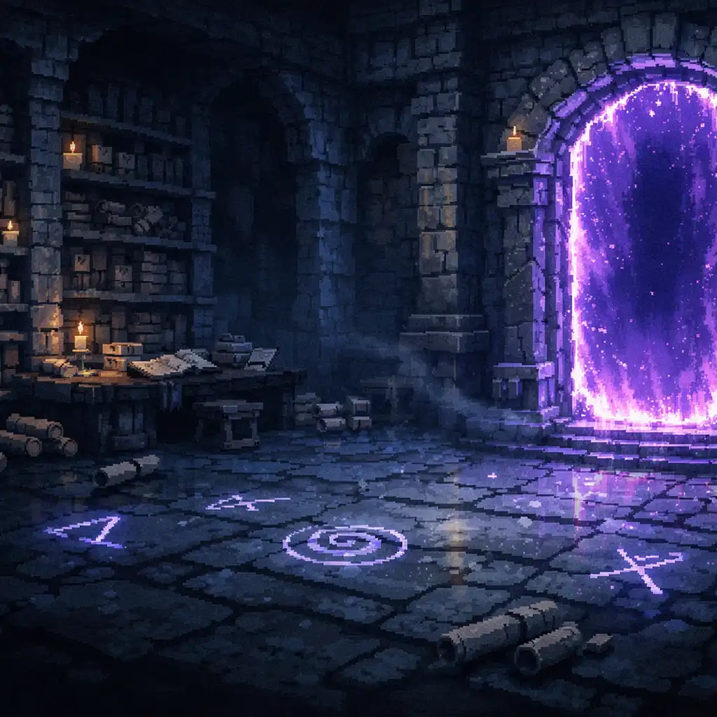 Pixel-artowe archiwum w lochu ze świecącym fioletowym portalem