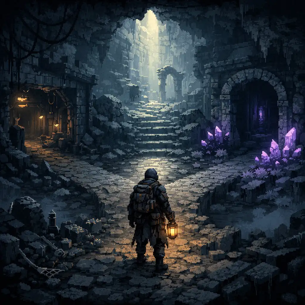Pixel-artowy eksplorator na podziemnym szlaku między ruinami i kryształami