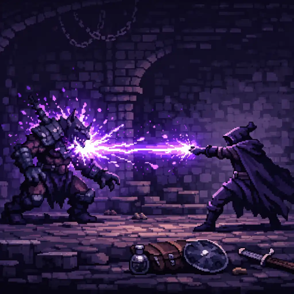 Pixel-artowa postać testująca magiczną umiejętność na arenie lochu