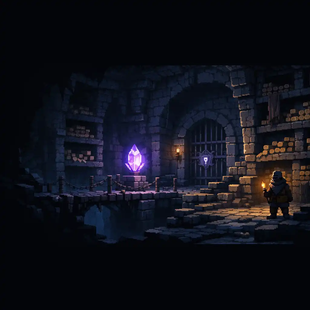 Pixel-artowe archiwum w podziemnym lochu z fioletowym kryształem i odkrywcą