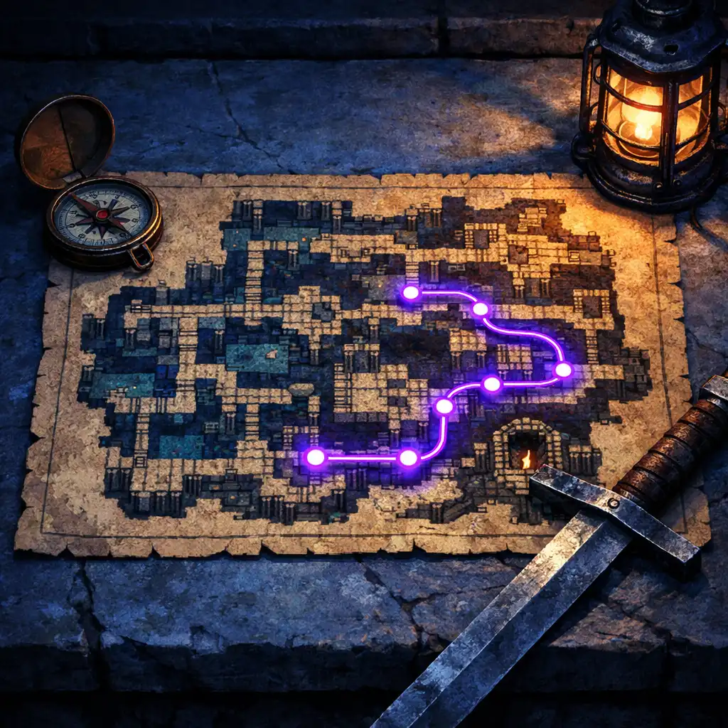 Pixel-artowa mapa ruin rozłożona na kamiennym stole