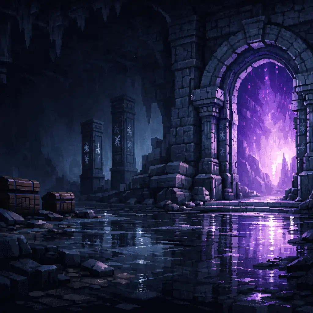 Pixel-artowy kamienny portal w mrocznym lochu, oświetlony fioletową poświatą