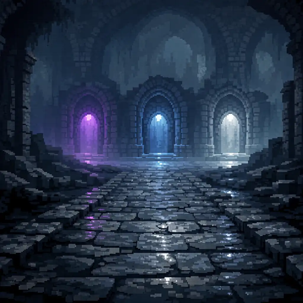 Pixel-artowy szlak przez ruiny prowadzący do trzech podświetlonych bram